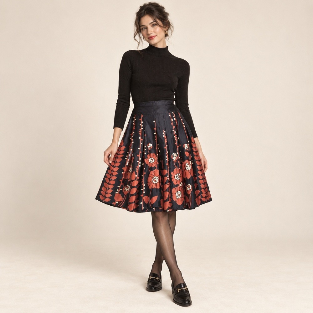 Retro Mod Floral Pleated Satin Skirt Size 2 Black Rust Orange Midi A-Line